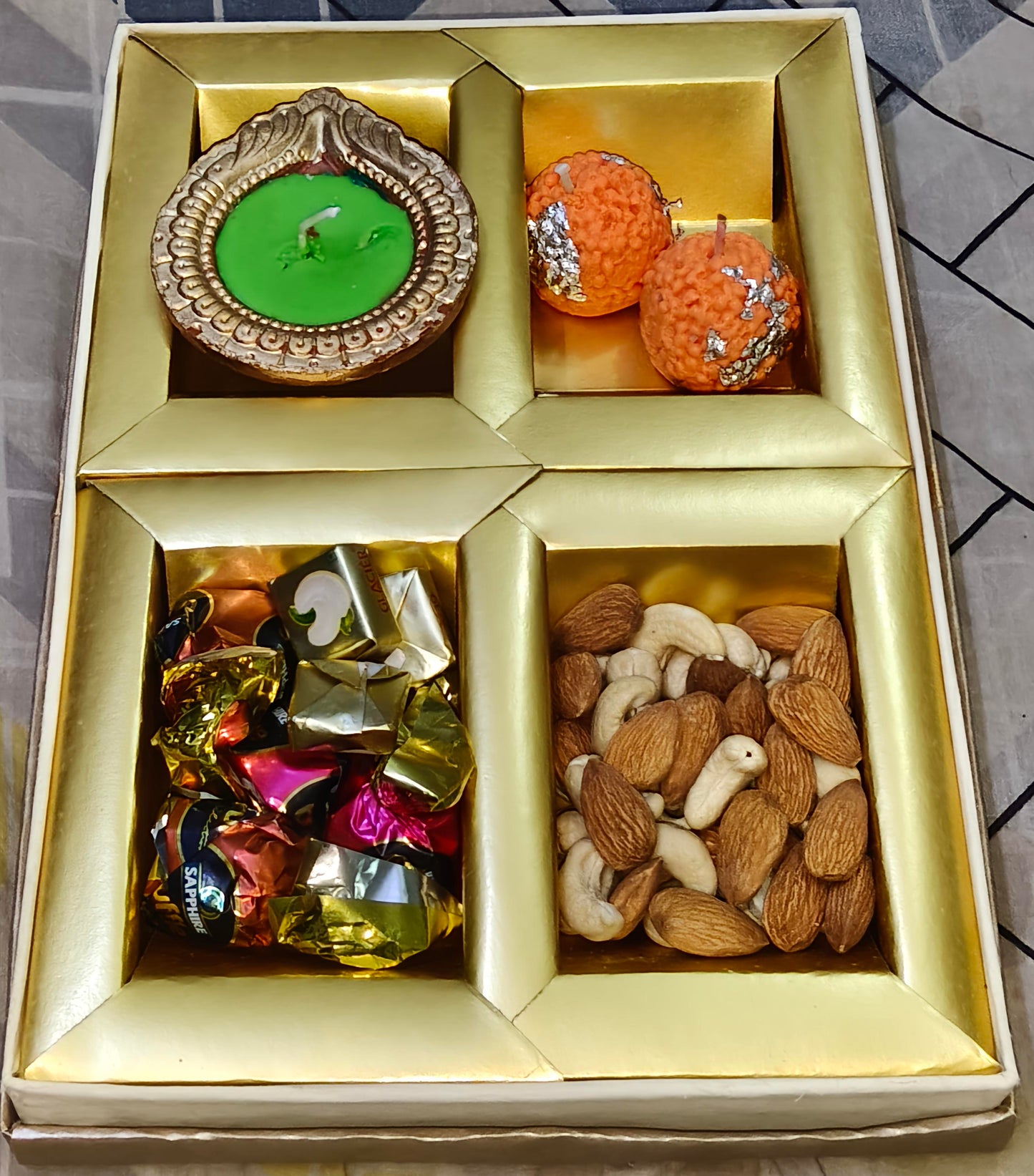 Premium Diwali Gift Hamper Box – Dry Fruits, Sweets, Chocolates & Decorative Candle