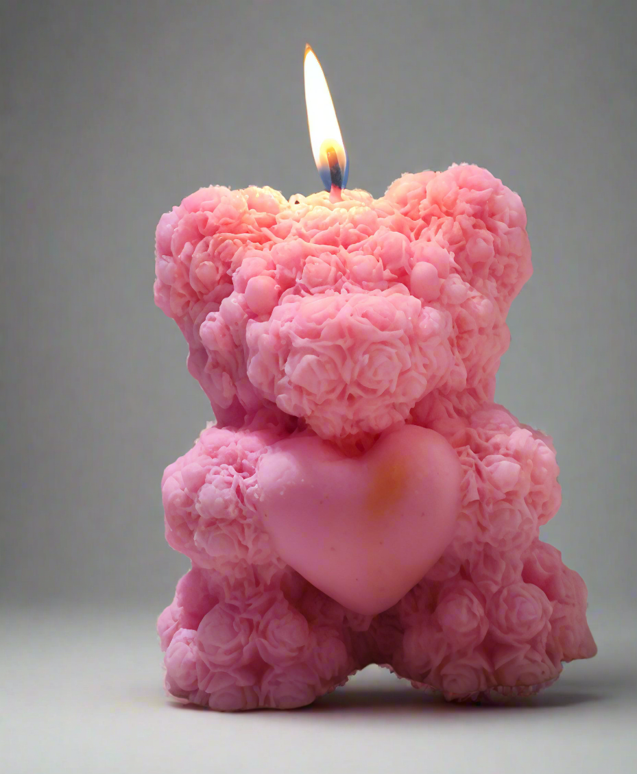 Aesthetic Teddy Candle | Rosebud Texture | Heart Charm | Unique Decor Gift"
