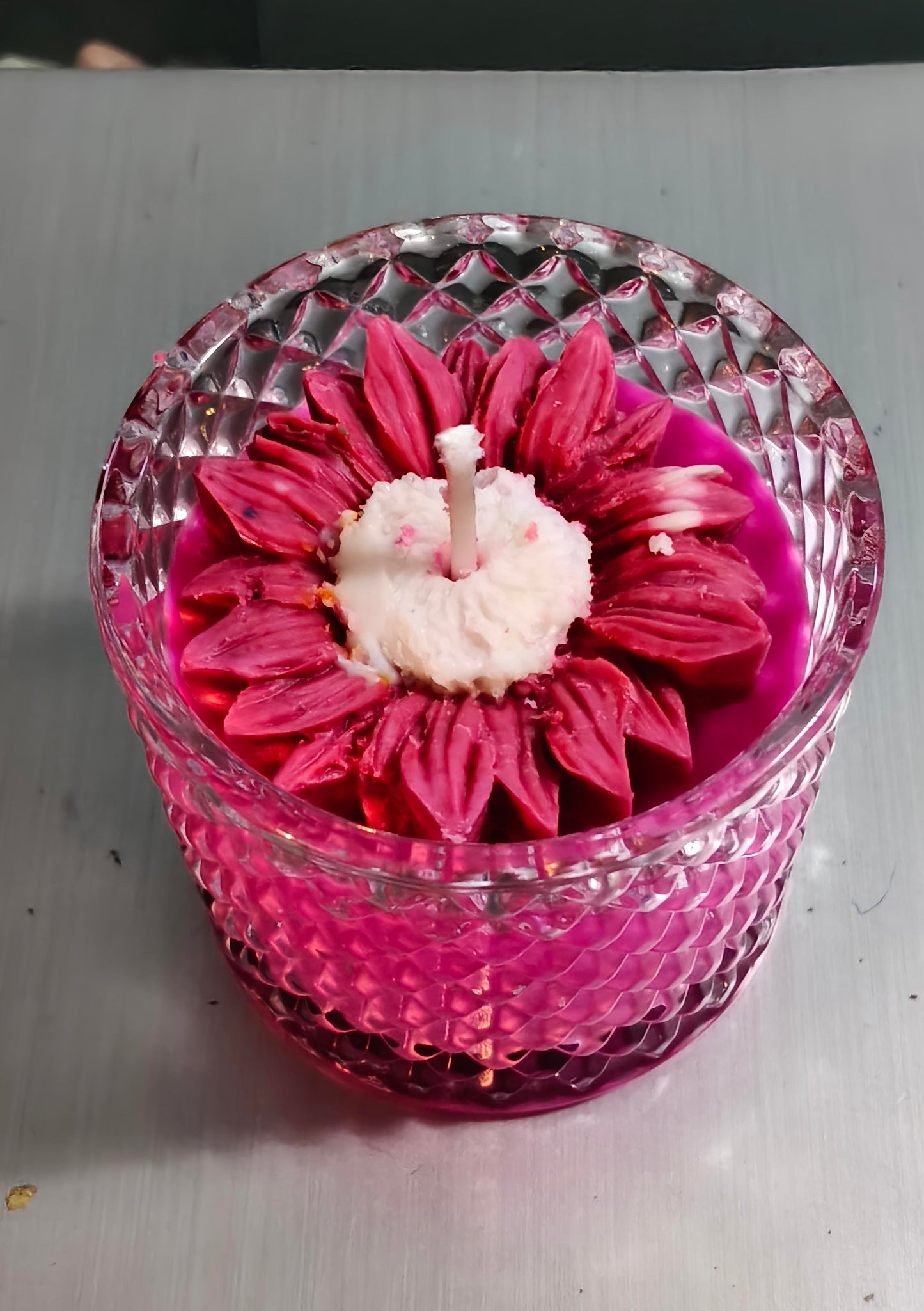 Handcrafted Sun Flower Crystal Glass Jar Candle – Scented | Decorative Gift Candle | (Available in Green, Pink & Blue)