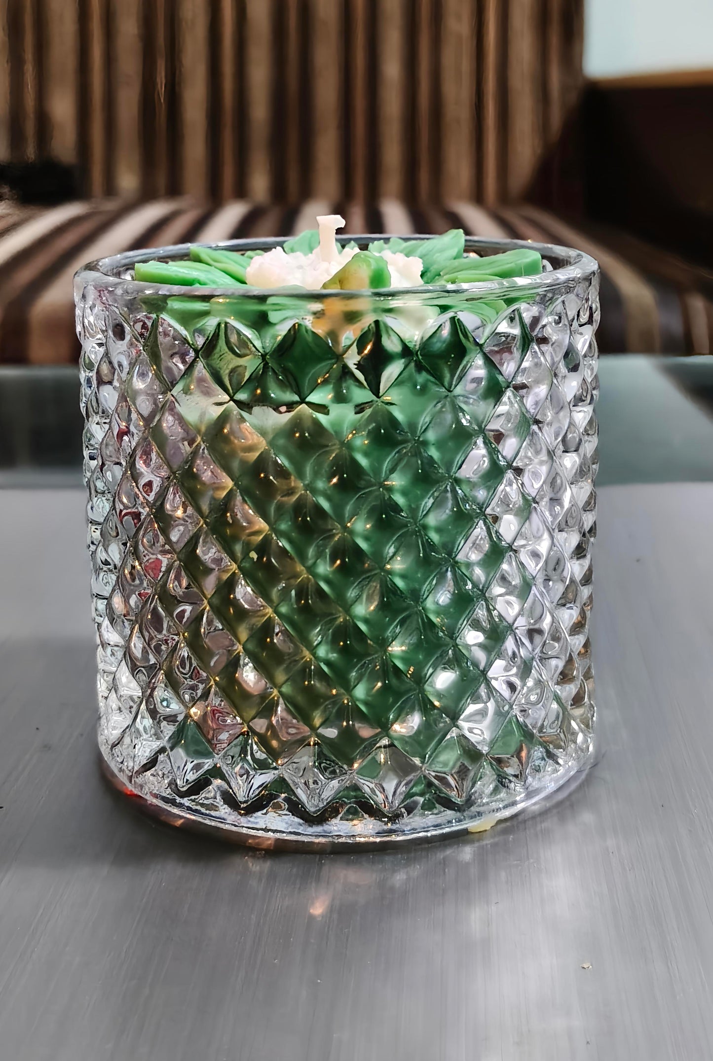 Handcrafted Sun Flower Crystal Glass Jar Candle – Scented | Decorative Gift Candle | (Available in Green, Pink & Blue)