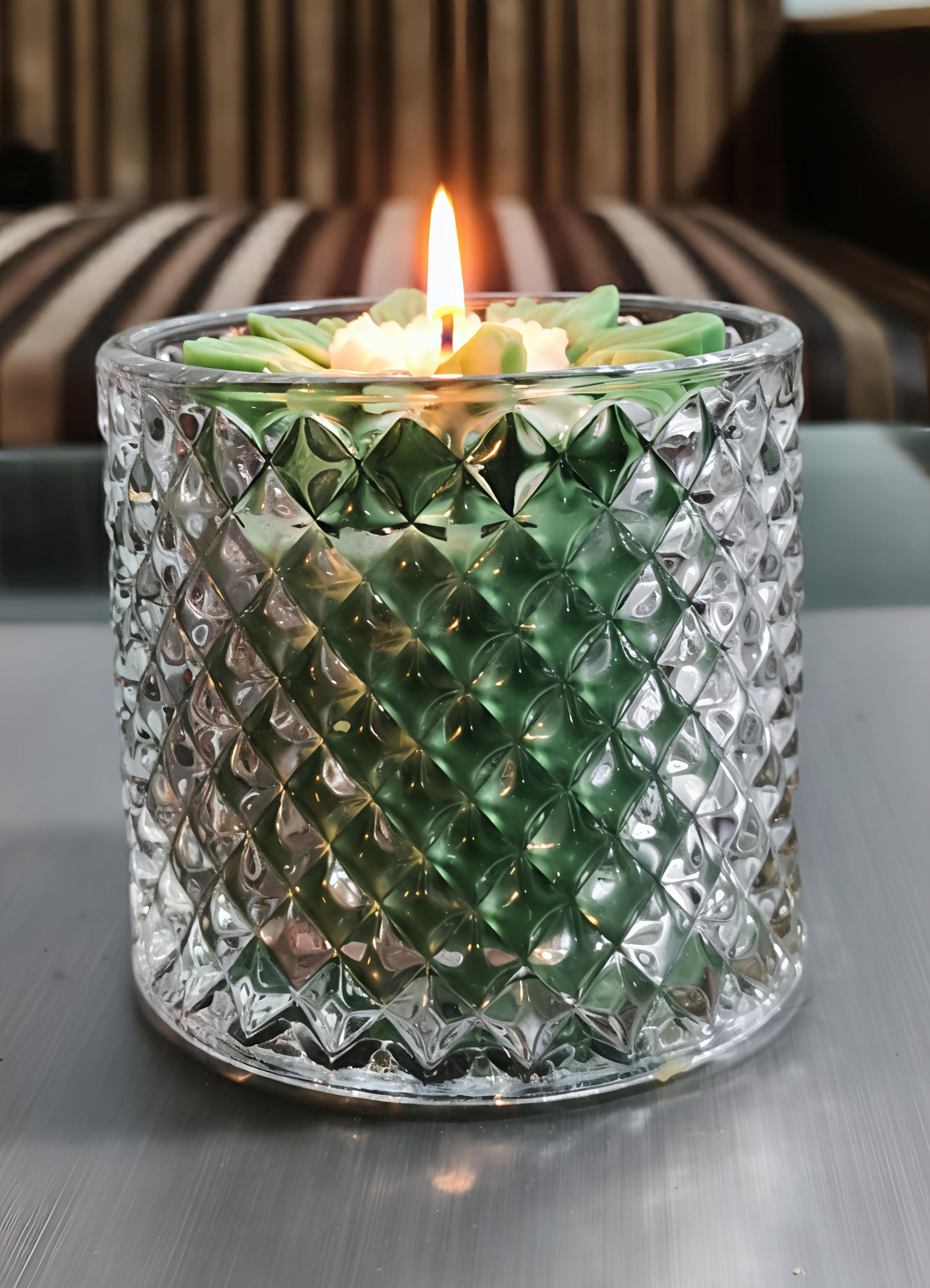Handcrafted Sun Flower Crystal Glass Jar Candle – Scented | Decorative Gift Candle | (Available in Green, Pink & Blue)