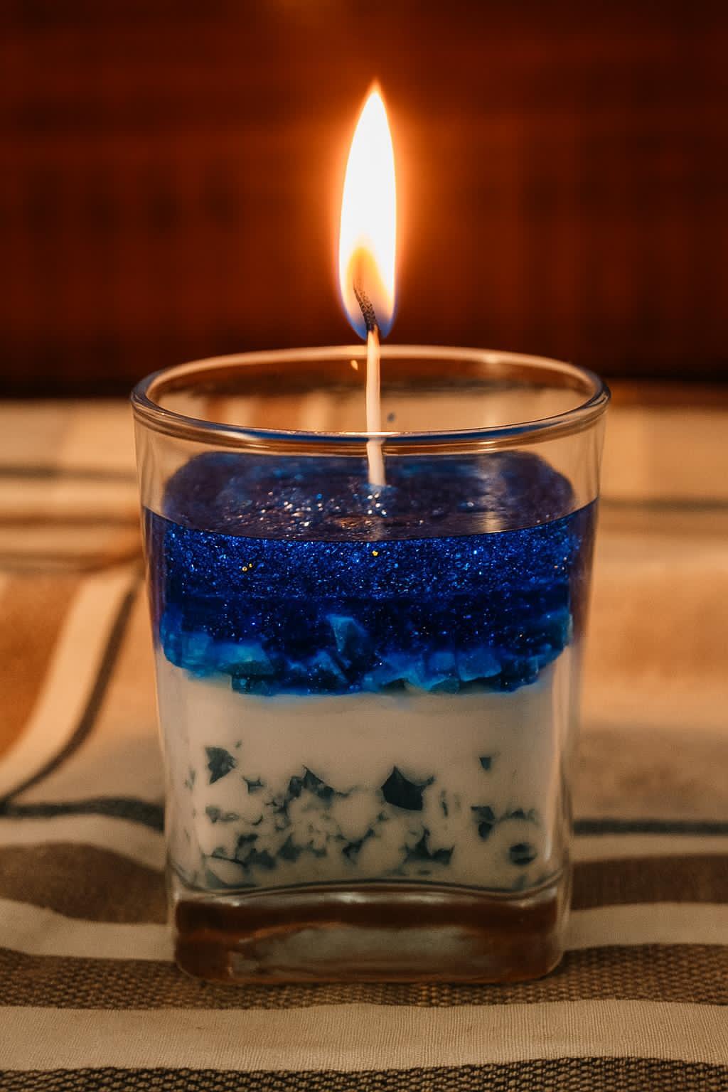 Ocean Glow Layered Candle – Handmade with Blue Sparkle & Soy Wax