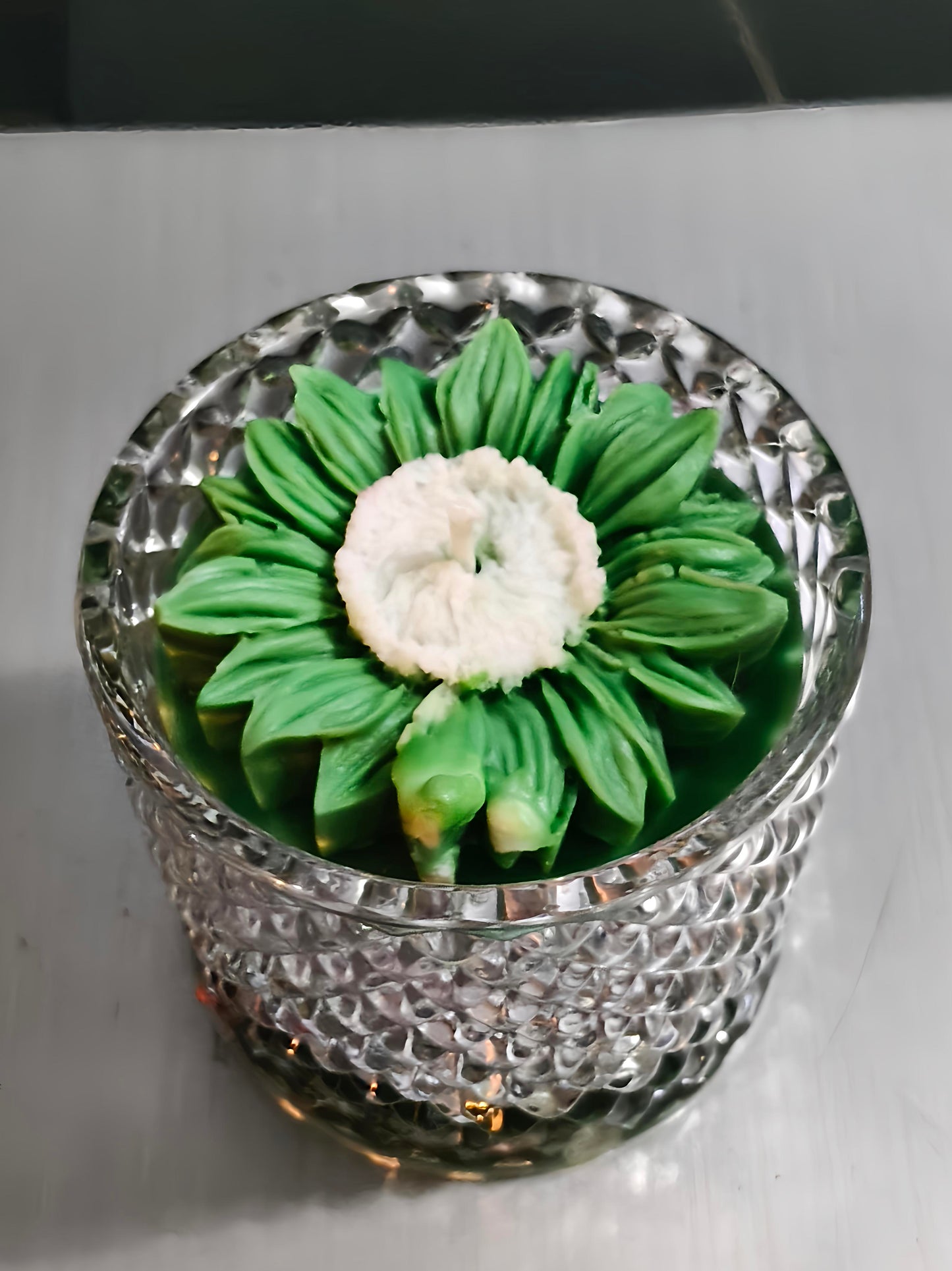 Handcrafted Sun Flower Crystal Glass Jar Candle – Scented | Decorative Gift Candle | (Available in Green, Pink & Blue)