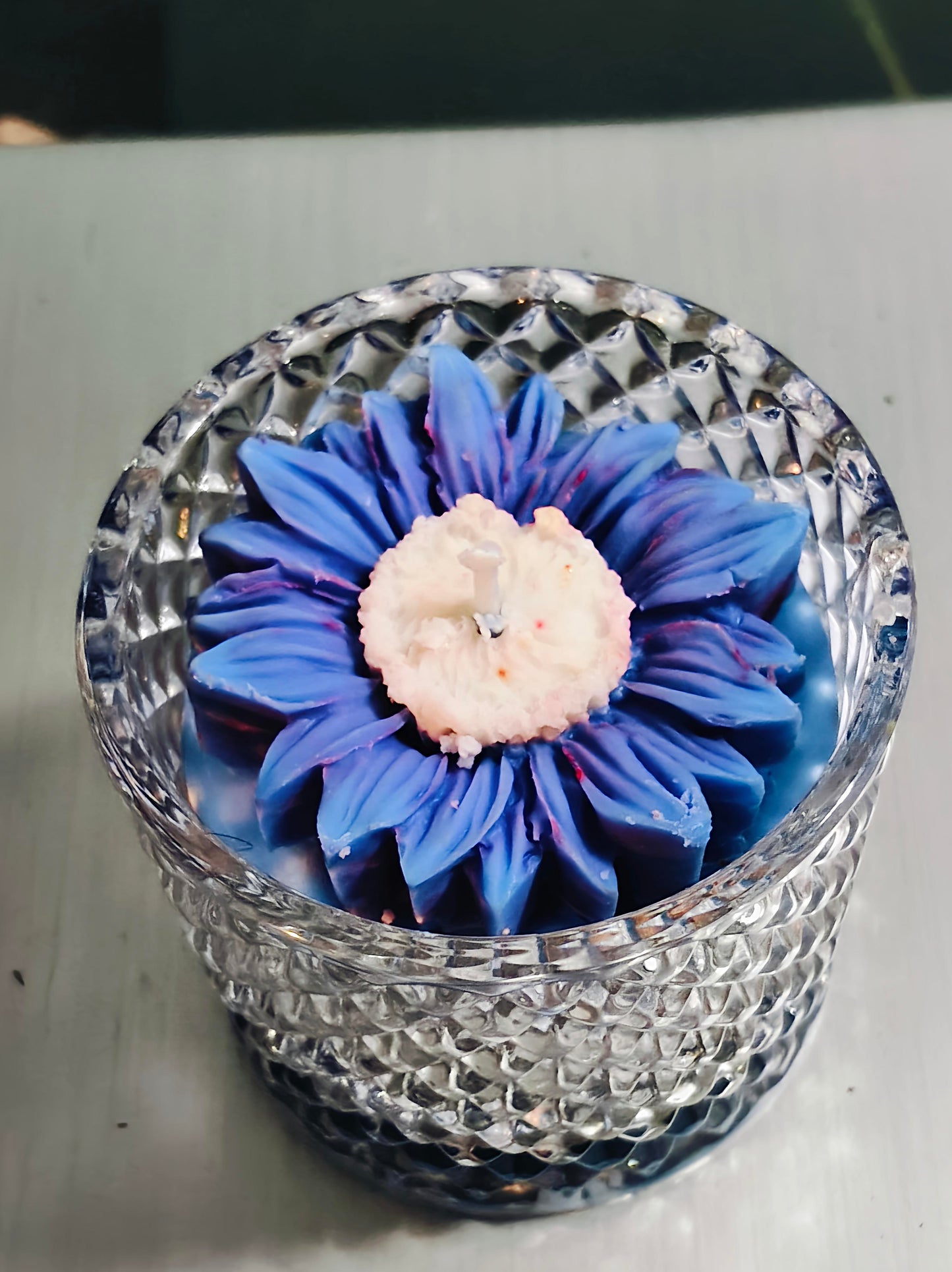 Handcrafted Sun Flower Crystal Glass Jar Candle – Scented | Decorative Gift Candle | (Available in Green, Pink & Blue)