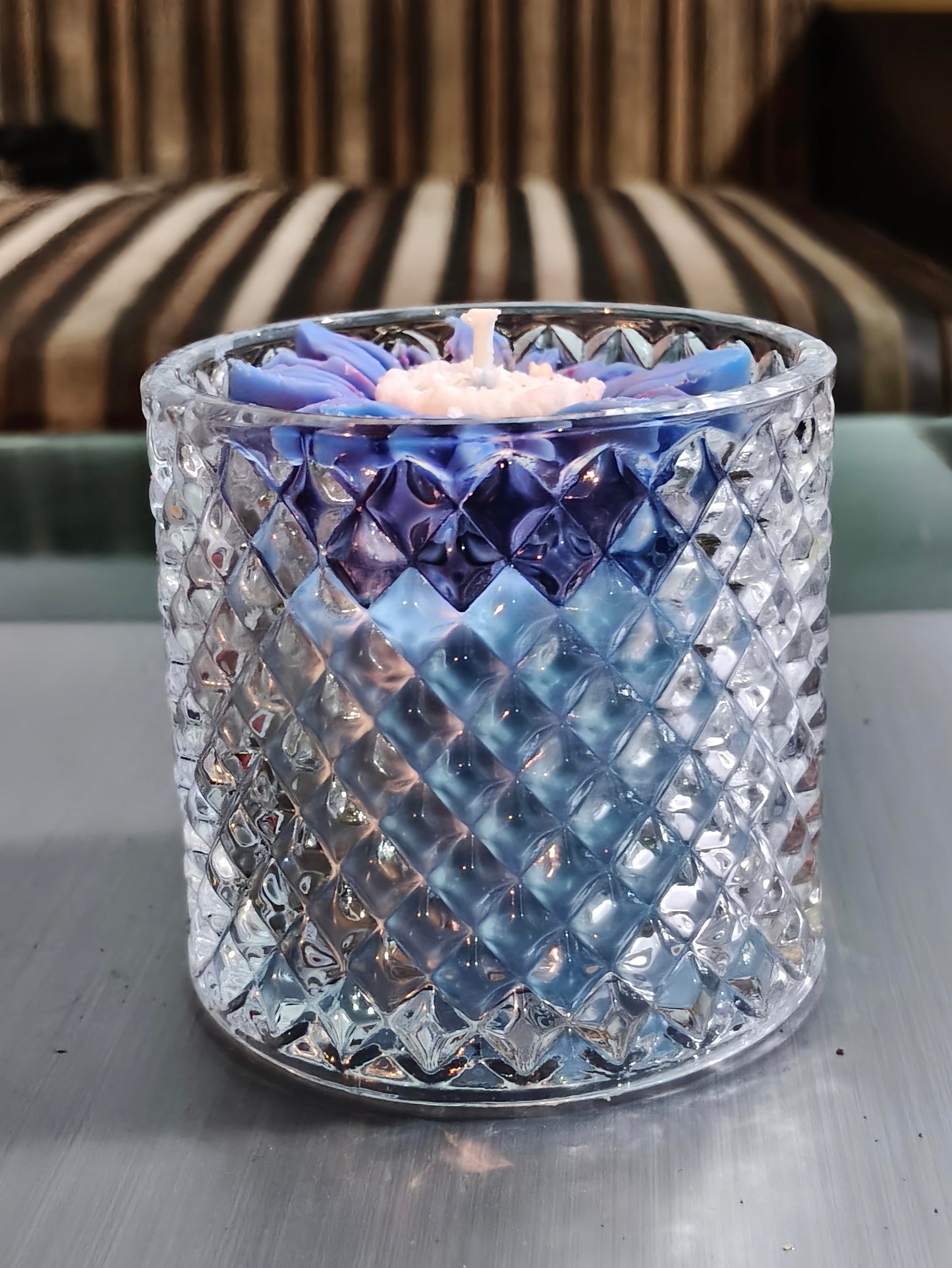Handcrafted Sun Flower Crystal Glass Jar Candle – Scented | Decorative Gift Candle | (Available in Green, Pink & Blue)