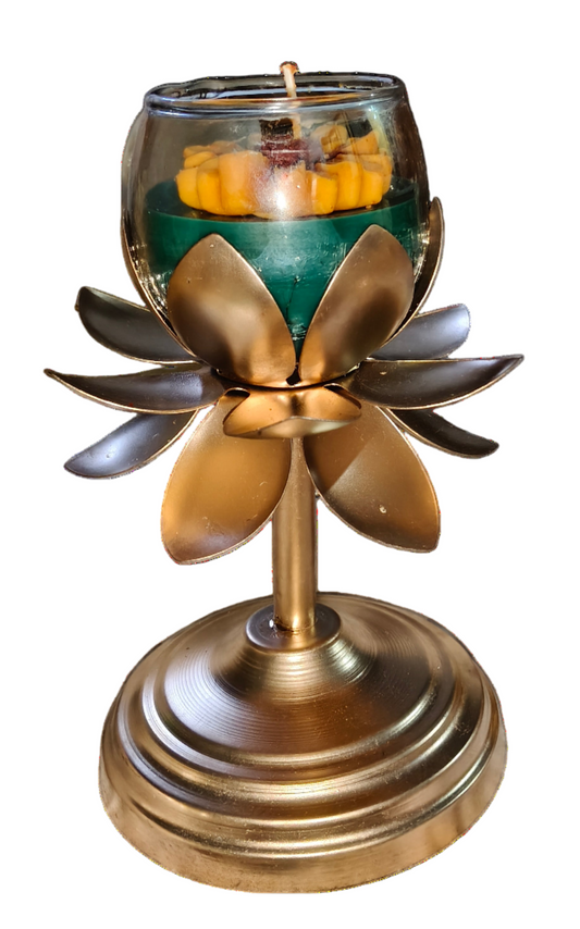 Luxury Lotus Glass Candle on Golden Stand – Premium Home Décor Candle