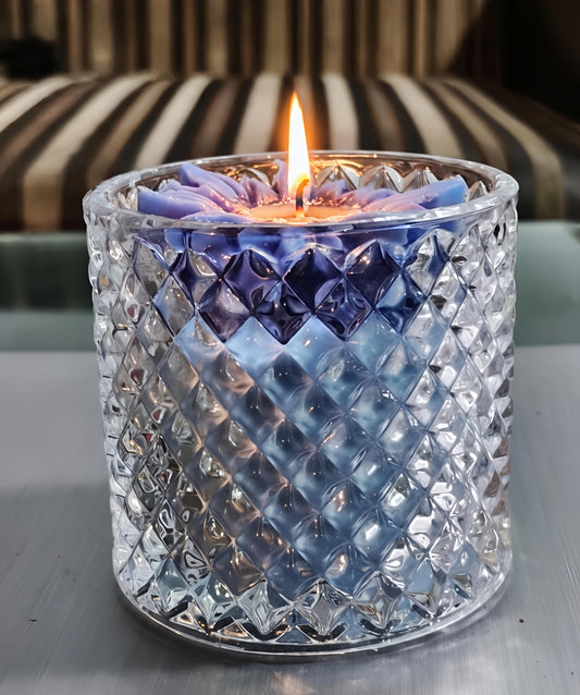 Handcrafted Sun Flower Crystal Glass Jar Candle – Scented | Decorative Gift Candle | (Available in Green, Pink & Blue)